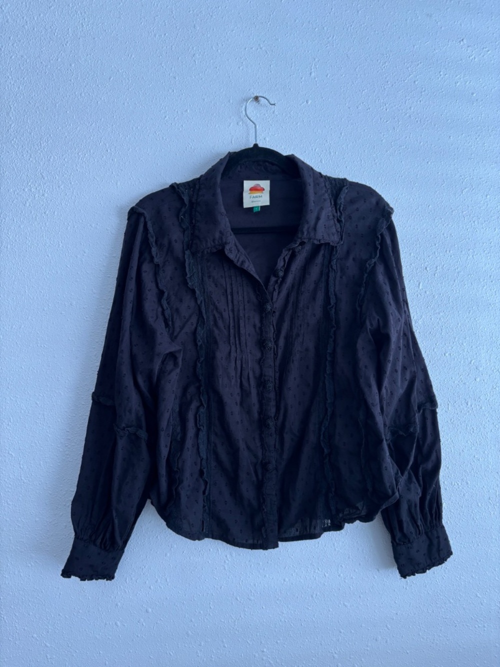 Farm Rio Black Swiss Dot Embroidery Button Down Cotton Blouse (missing button)